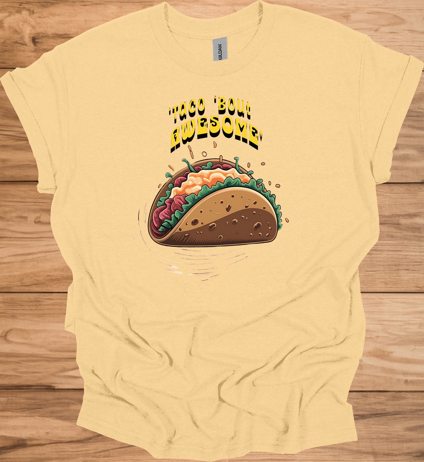 Taco 'Bout Awesome!: Vibrant Mexican Food Illustration, Cartoon Taco Graphic Design, Eye-Catching Menu Display Art - Graphic Tee Shirt