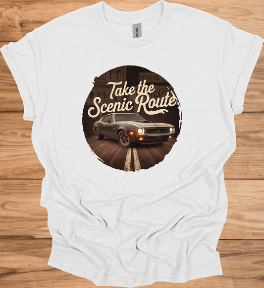 Take the Scenic Route: Vintage Muscle Car Art, Retro Automotive Design, American Road Trip Nostalgia - Graphic Tee Shirt