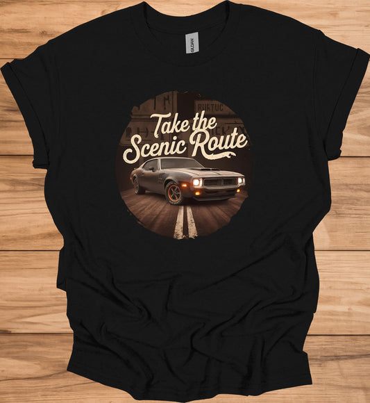 Take the Scenic Route: Vintage Muscle Car Art, Retro Automotive Design, American Road Trip Nostalgia - Graphic Tee Shirt