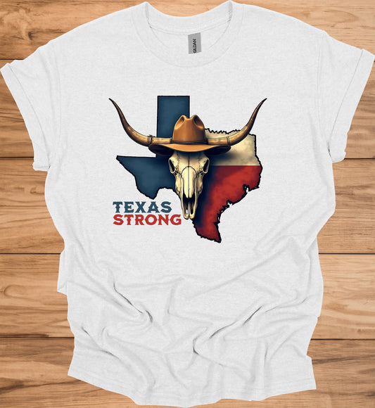 Texas Strong: Lone Star Pride, Longhorn Skull Art, Patriotic Cowboy Heritage - Graphic Tee Shirt