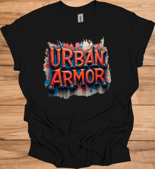 Urban Armor: Graffiti-Inspired Typography, Street Art Aesthetic, Metallic 3D Text Design - Graphic Tee Shirt