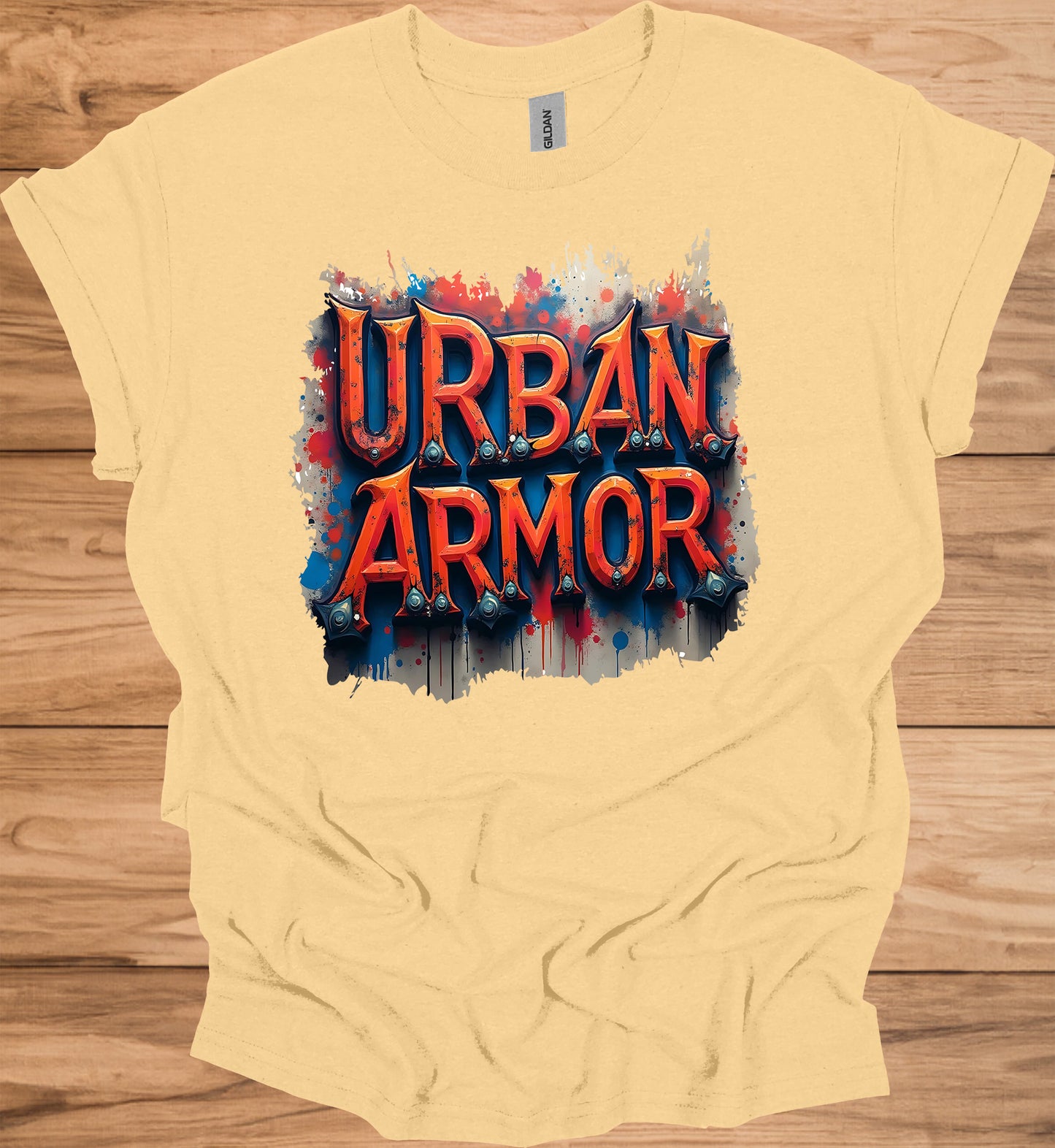 Urban Armor: Graffiti-Inspired Typography, Street Art Aesthetic, Metallic 3D Text Design - Graphic Tee Shirt