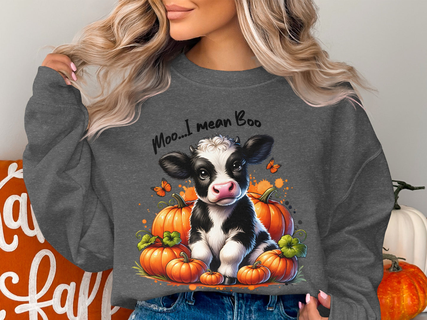 Moo I Mean Boo Cute Cow and Pumpkin Sweatshirt product