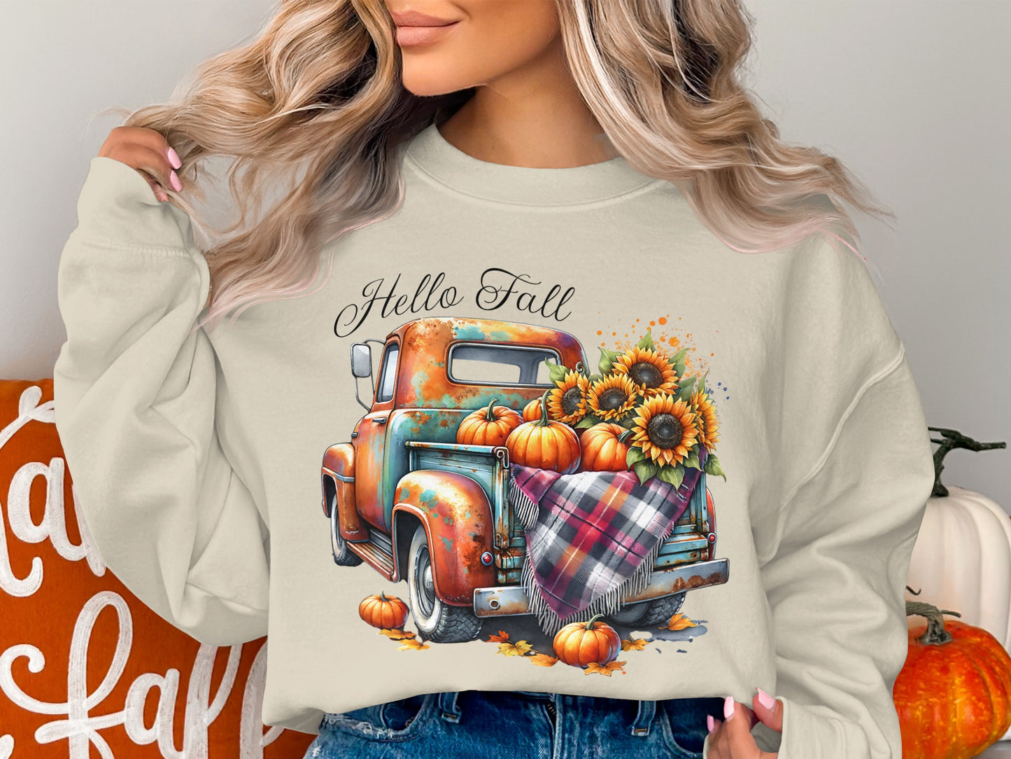 Hello Fall Pumpkin Vintage Truck Print Sweatshirt product