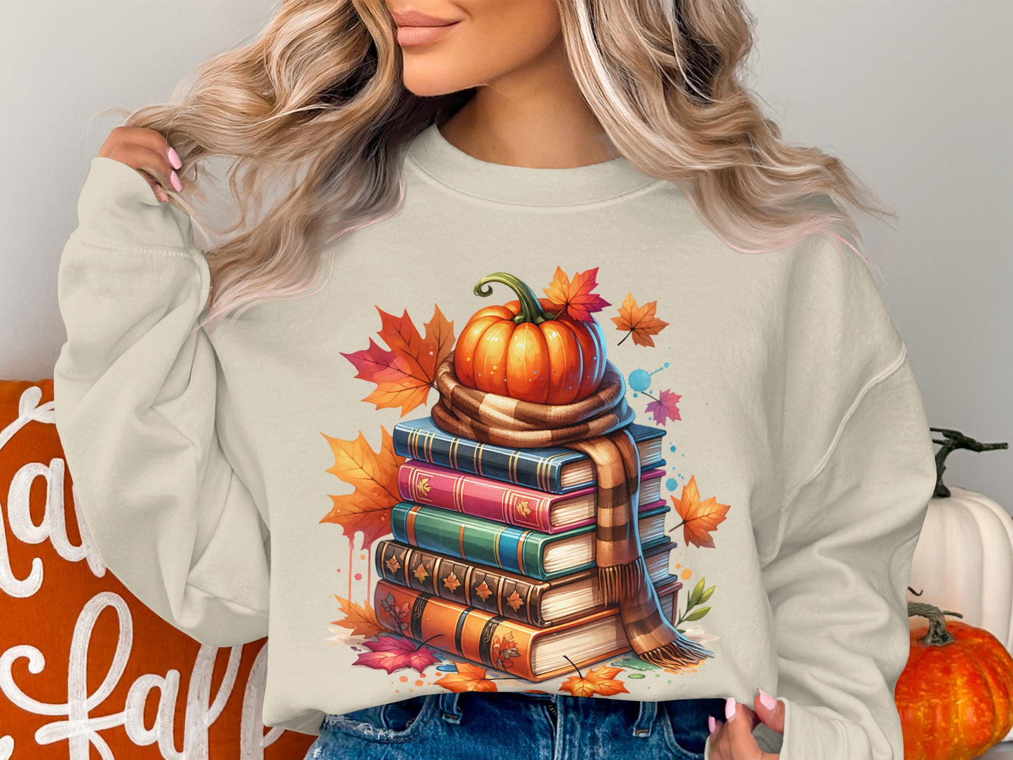 Cozy Autumn Pumpkin and Books Graphic Sweatshirt product