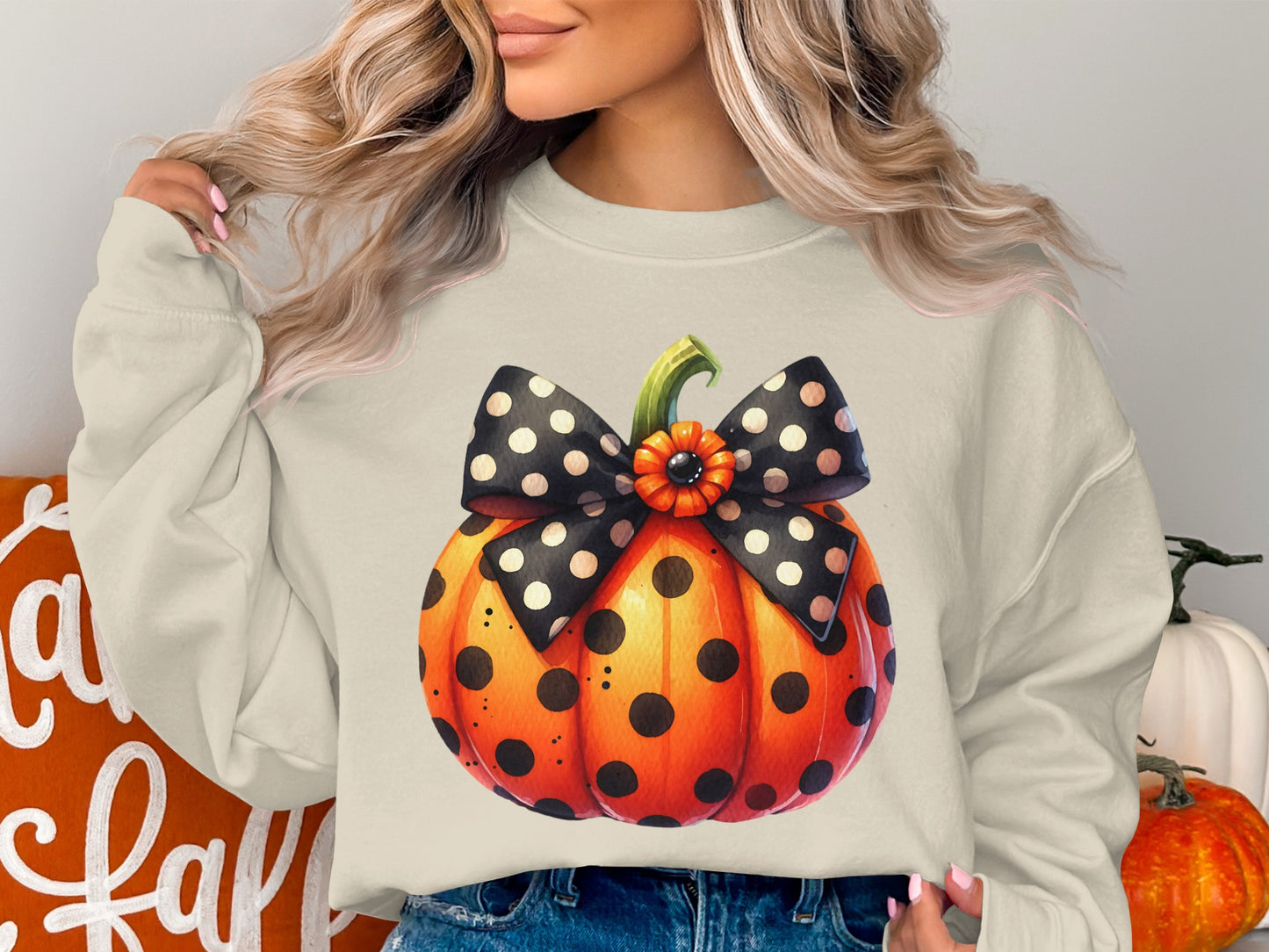 Polka Dot Pumpkin Print Halloween Sweatshirt product type