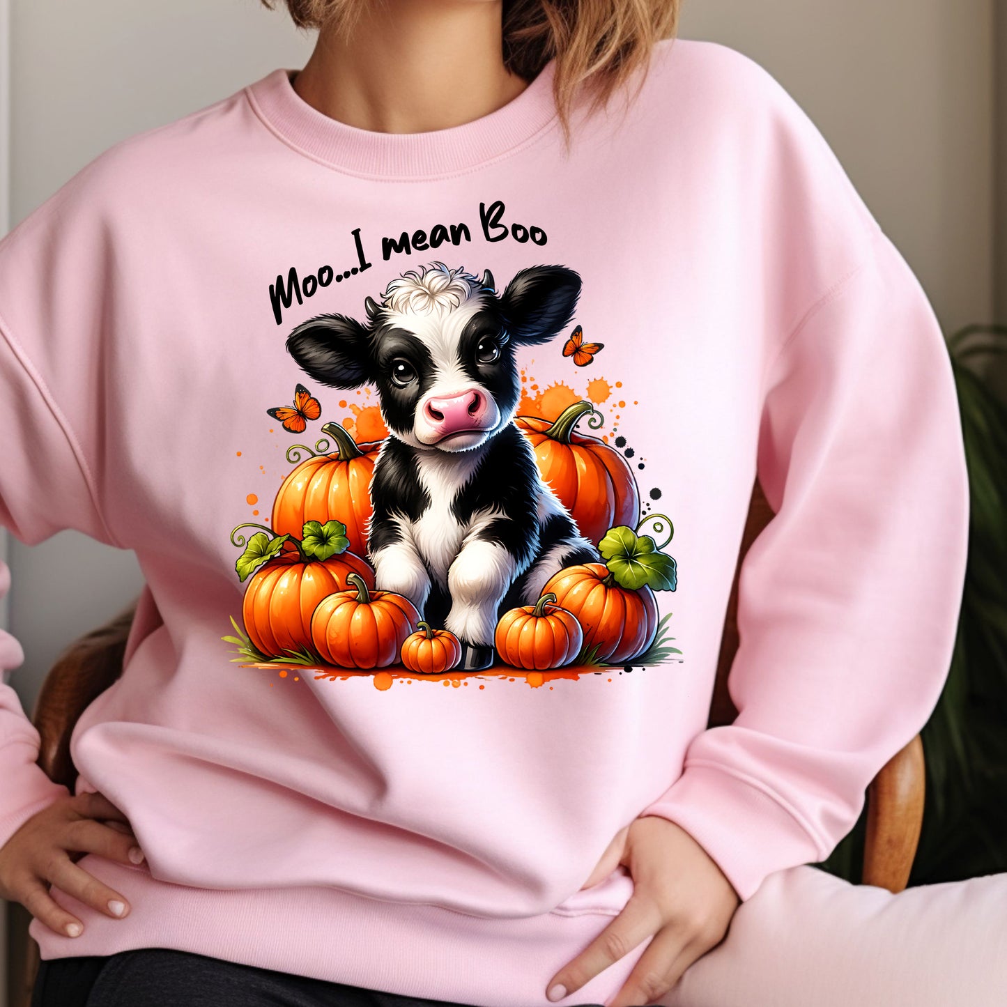 Adorable Moo I Mean Boo Cow and Pumpkins Sweatshirt