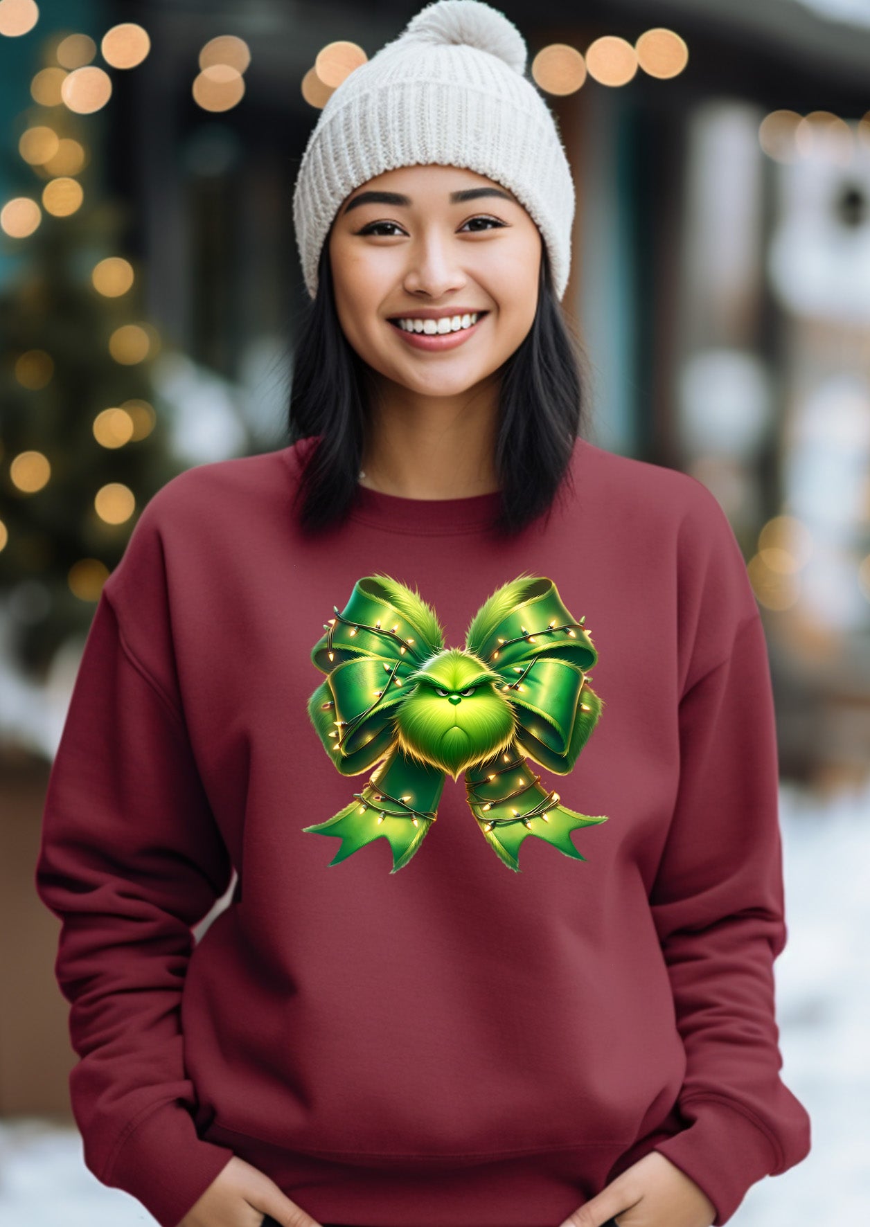 Grinch With Lights and Bow Christmas Holiday Sweatshirt