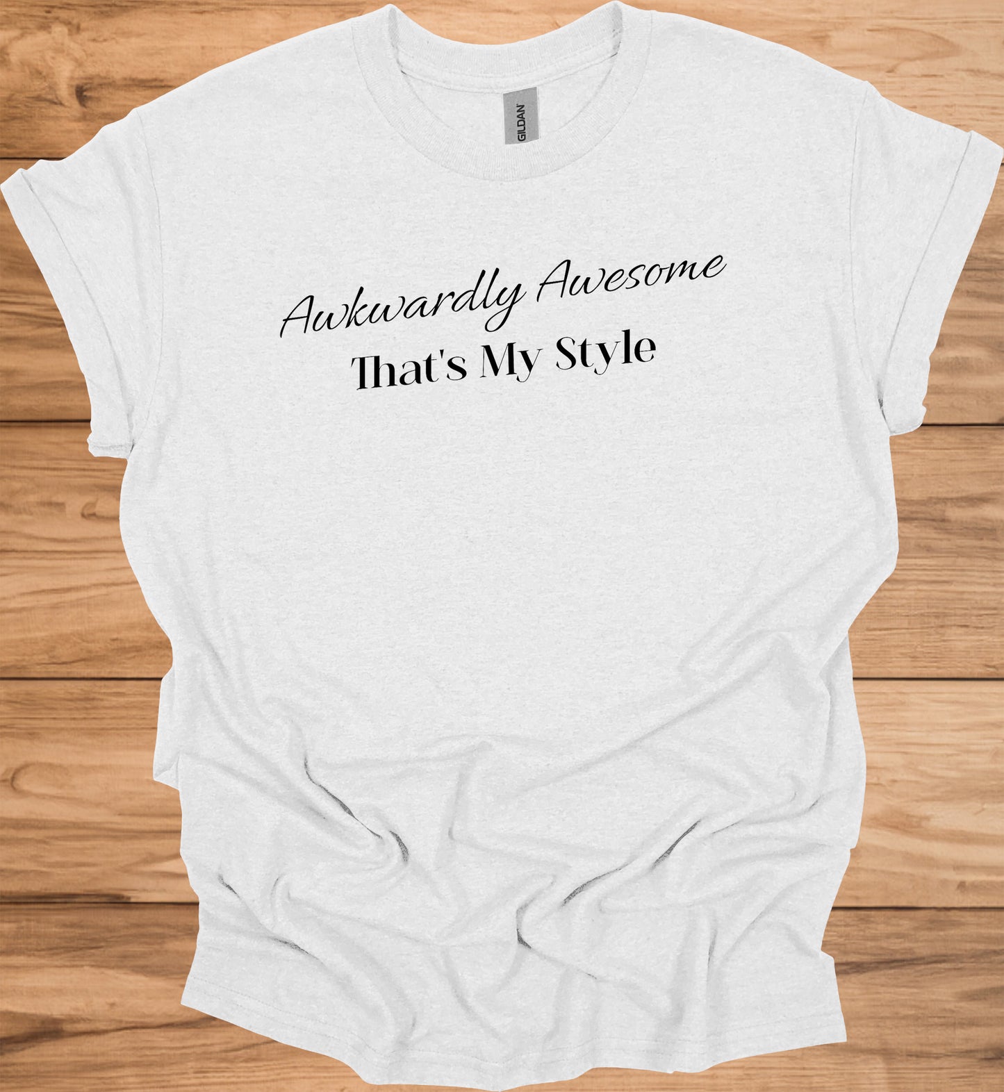 Awkwardly Awesome: Metallic Cursive Typography, Motivational Quote Art, Black Background Design - Graphic Tee Shirt