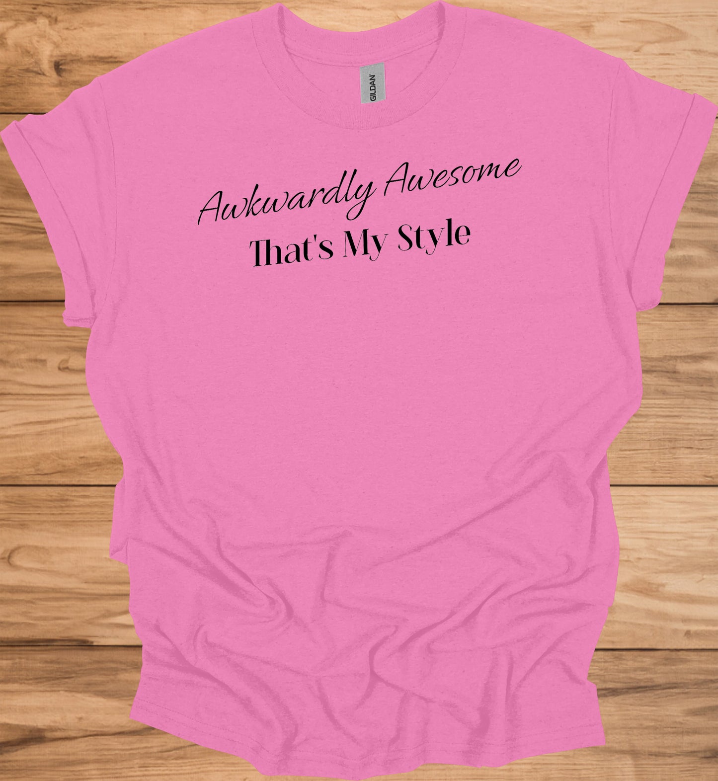 Awkwardly Awesome: Metallic Cursive Typography, Motivational Quote Art, Black Background Design - Graphic Tee Shirt