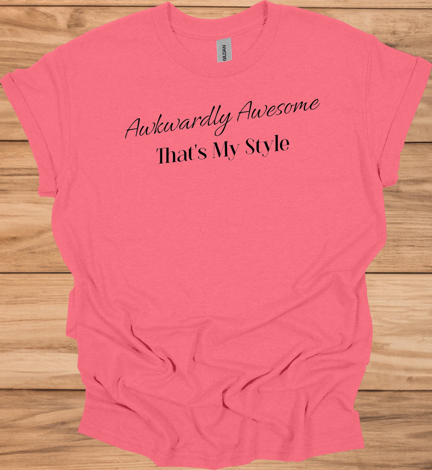 Awkwardly Awesome: Metallic Cursive Typography, Motivational Quote Art, Black Background Design - Graphic Tee Shirt