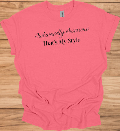 Awkwardly Awesome: Metallic Cursive Typography, Motivational Quote Art, Black Background Design - Graphic Tee Shirt