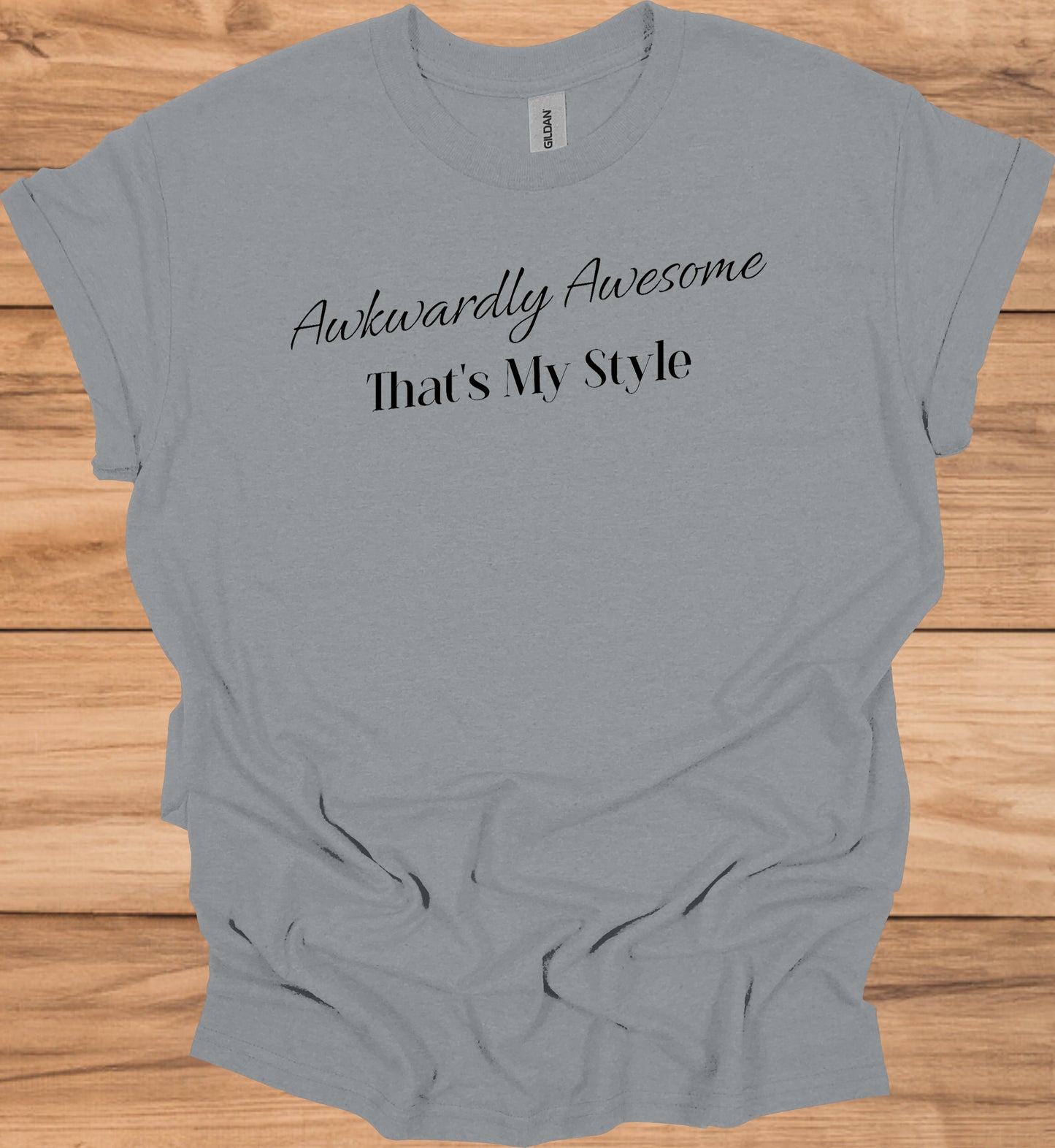 Awkwardly Awesome: Metallic Cursive Typography, Motivational Quote Art, Black Background Design - Graphic Tee Shirt