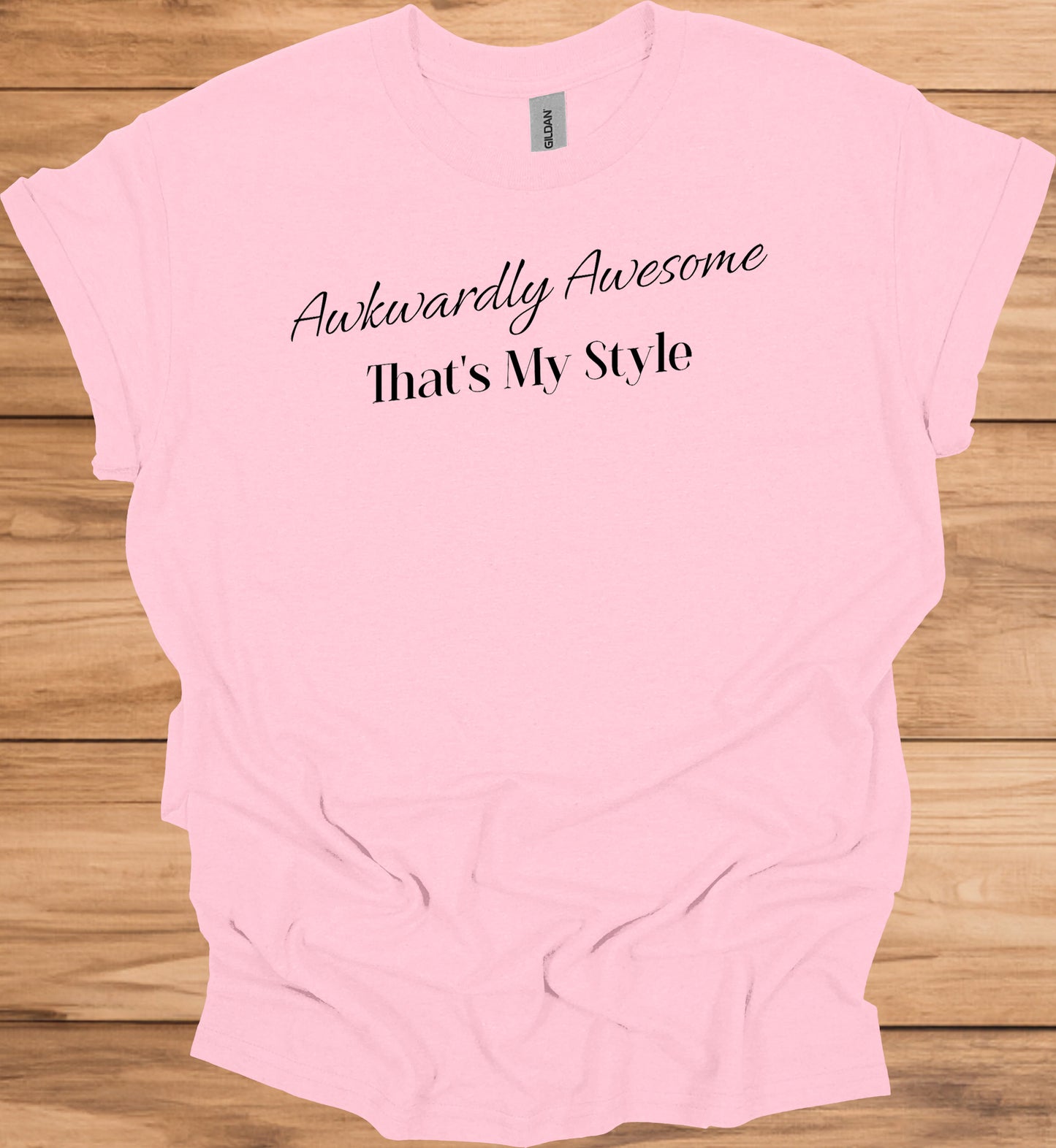 Awkwardly Awesome: Metallic Cursive Typography, Motivational Quote Art, Black Background Design - Graphic Tee Shirt