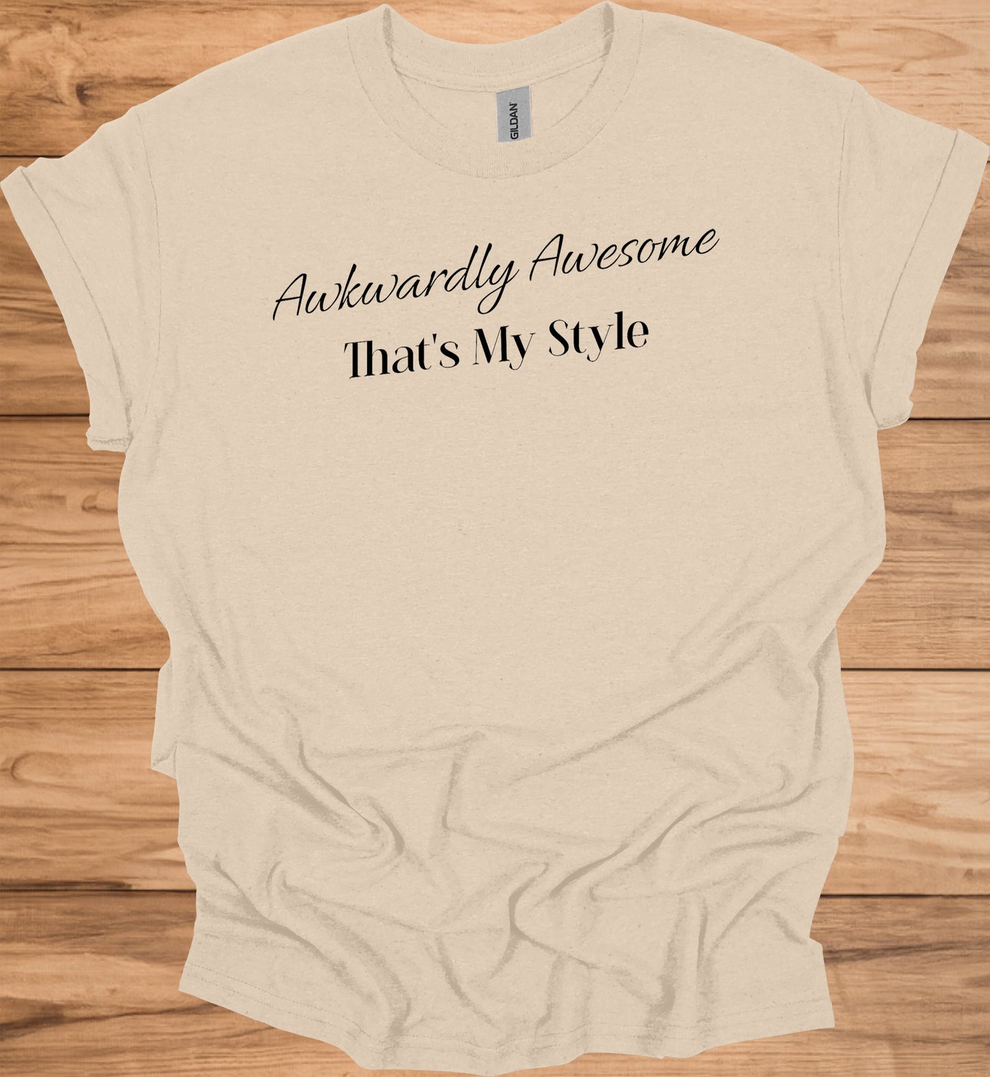 Awkwardly Awesome: Metallic Cursive Typography, Motivational Quote Art, Black Background Design - Graphic Tee Shirt