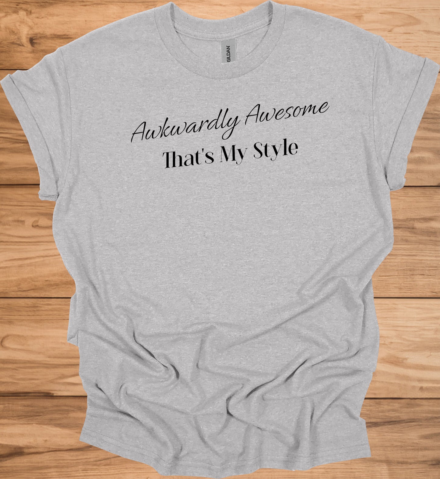 Awkwardly Awesome: Metallic Cursive Typography, Motivational Quote Art, Black Background Design - Graphic Tee Shirt