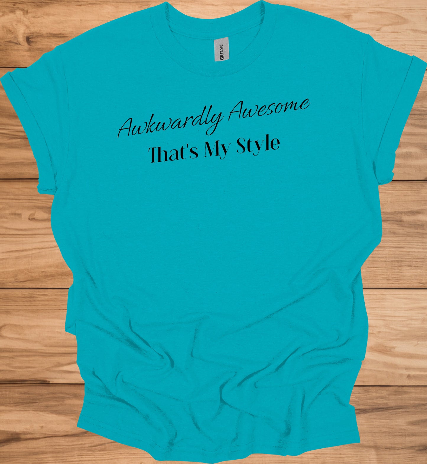 Awkwardly Awesome: Metallic Cursive Typography, Motivational Quote Art, Black Background Design - Graphic Tee Shirt