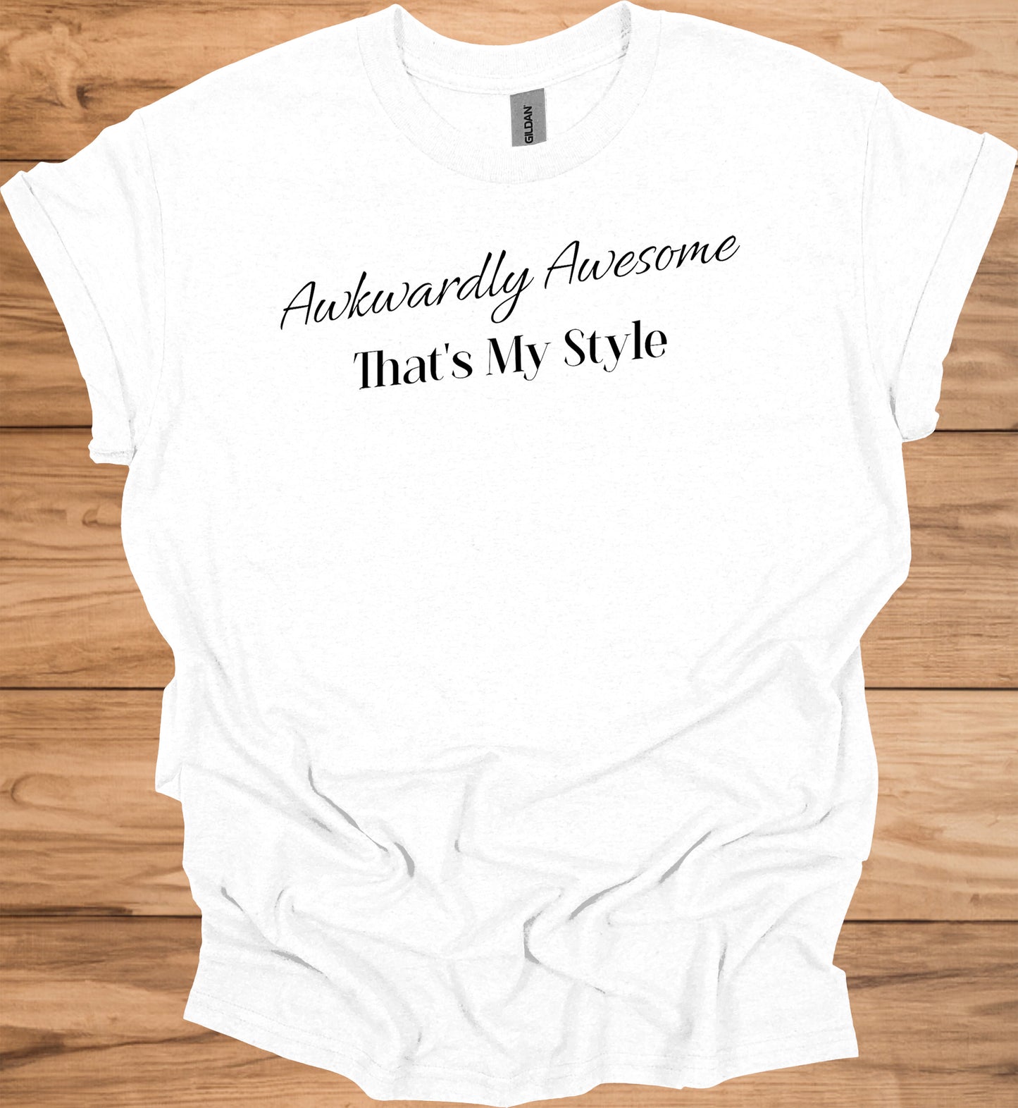 Awkwardly Awesome: Metallic Cursive Typography, Motivational Quote Art, Black Background Design - Graphic Tee Shirt