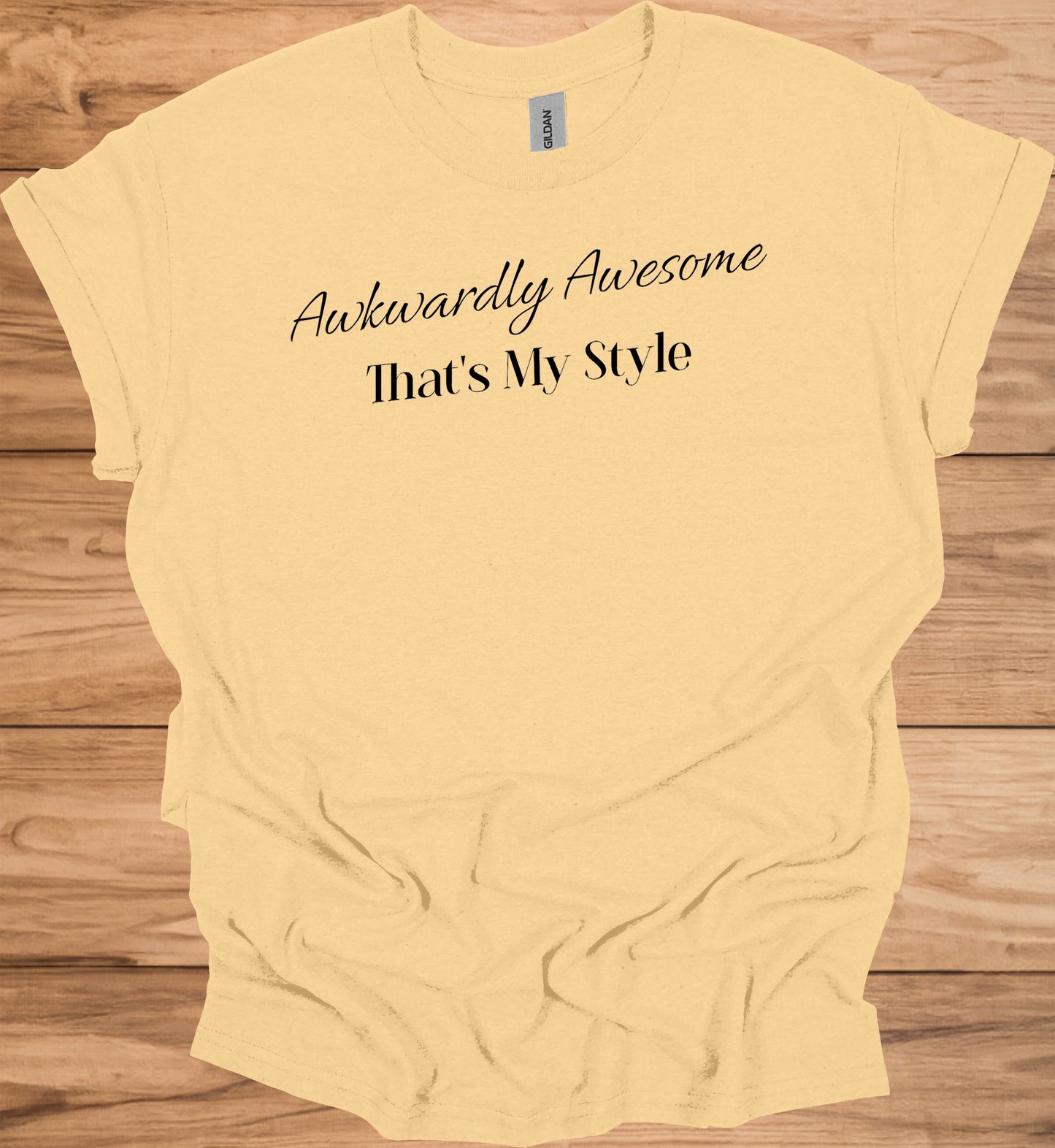 Awkwardly Awesome: Metallic Cursive Typography, Motivational Quote Art, Black Background Design - Graphic Tee Shirt