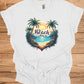 The Beach Is Calling: Beach Sunset Illustration, Heart-Shaped Palm Tree Frame, Wanderlust Inspiration Artwork - Graphic Tee Shirt