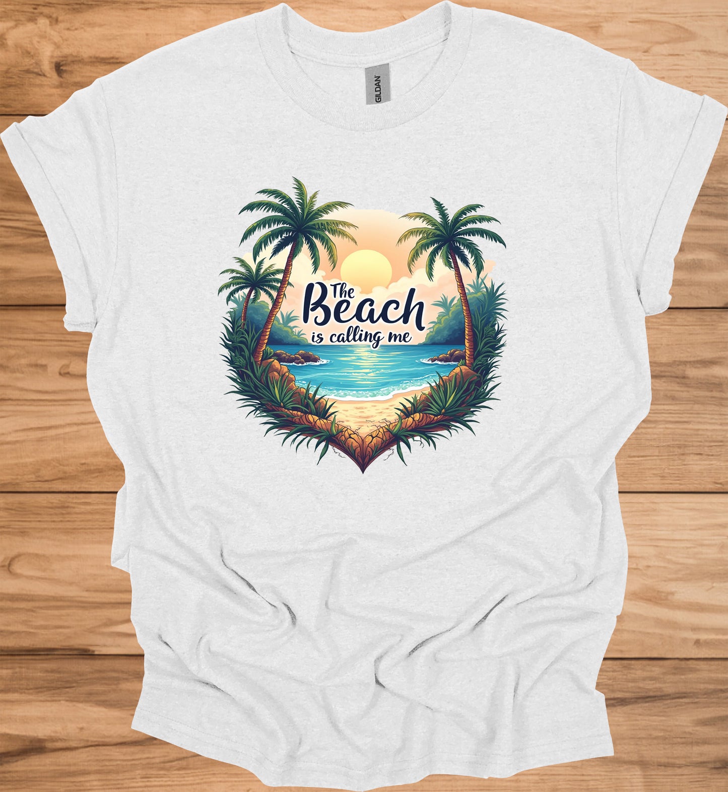 The Beach Is Calling: Beach Sunset Illustration, Heart-Shaped Palm Tree Frame, Wanderlust Inspiration Artwork - Graphic Tee Shirt