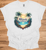 The Beach Is Calling: Beach Sunset Illustration, Heart-Shaped Palm Tree Frame, Wanderlust Inspiration Artwork - Graphic Tee Shirt