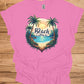 The Beach Is Calling: Beach Sunset Illustration, Heart-Shaped Palm Tree Frame, Wanderlust Inspiration Artwork - Graphic Tee Shirt