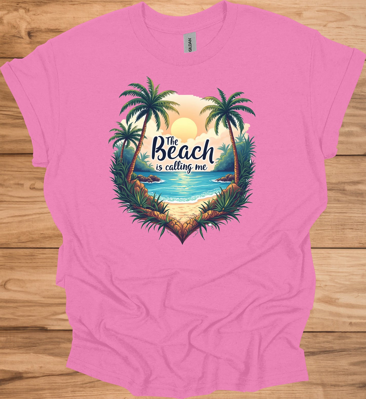 The Beach Is Calling: Beach Sunset Illustration, Heart-Shaped Palm Tree Frame, Wanderlust Inspiration Artwork - Graphic Tee Shirt
