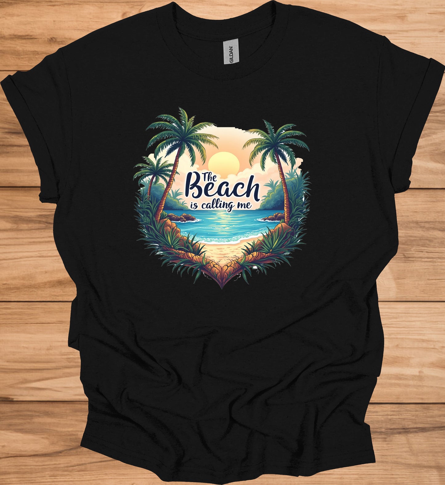 The Beach Is Calling: Beach Sunset Illustration, Heart-Shaped Palm Tree Frame, Wanderlust Inspiration Artwork - Graphic Tee Shirt