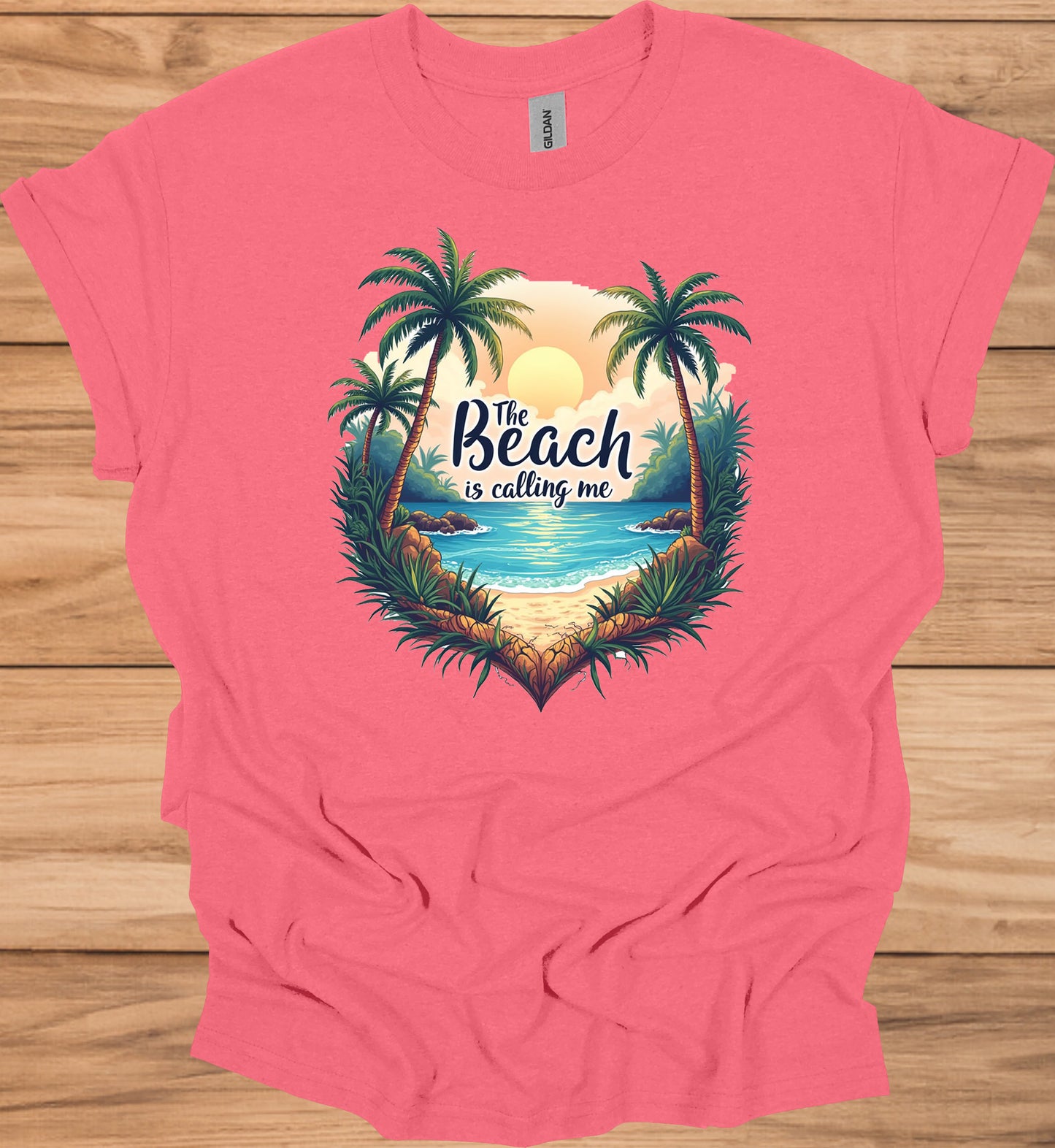 The Beach Is Calling: Beach Sunset Illustration, Heart-Shaped Palm Tree Frame, Wanderlust Inspiration Artwork - Graphic Tee Shirt