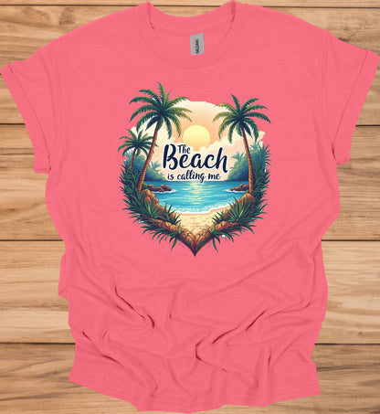 The Beach Is Calling: Beach Sunset Illustration, Heart-Shaped Palm Tree Frame, Wanderlust Inspiration Artwork - Graphic Tee Shirt