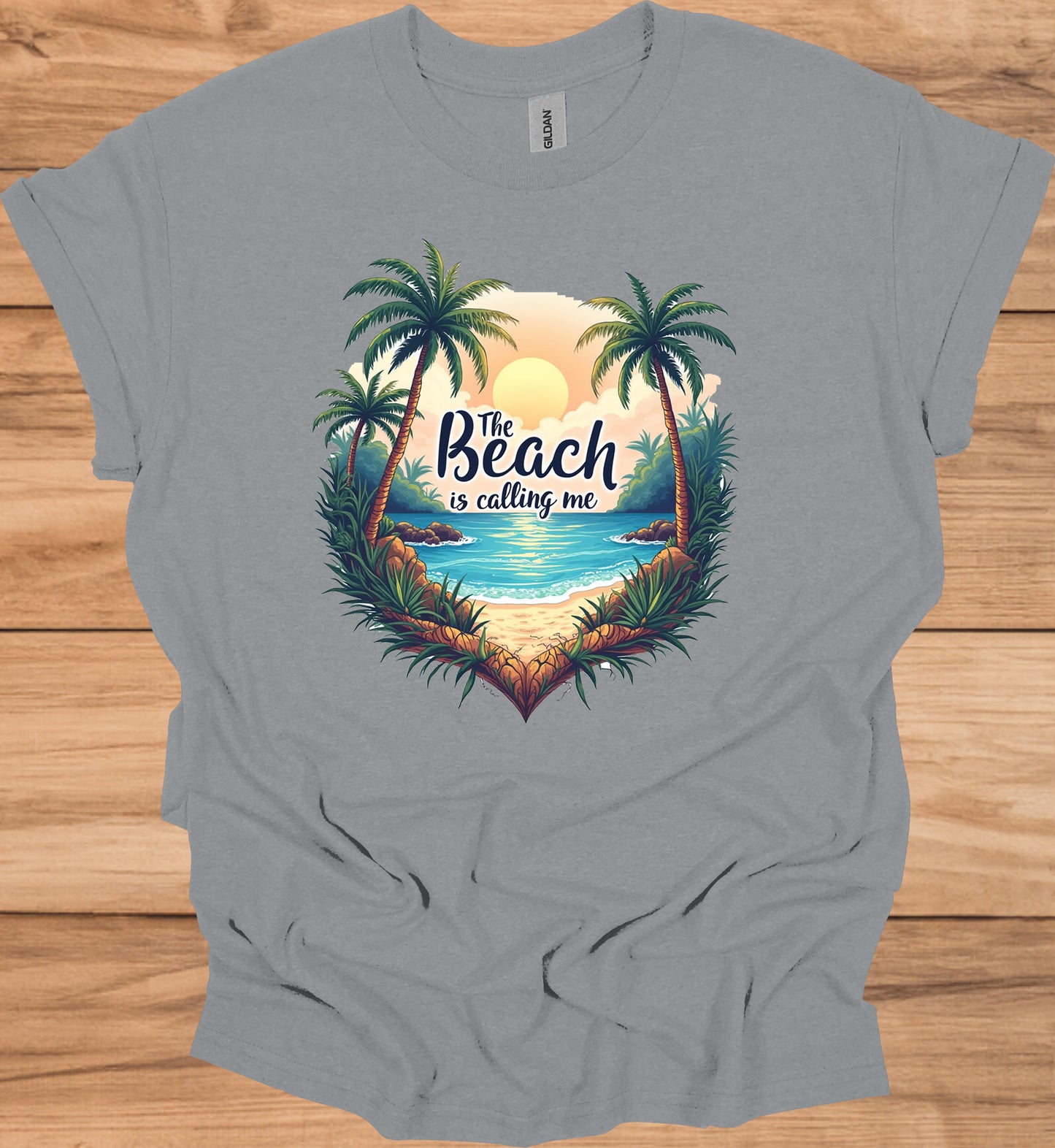 The Beach Is Calling: Beach Sunset Illustration, Heart-Shaped Palm Tree Frame, Wanderlust Inspiration Artwork - Graphic Tee Shirt