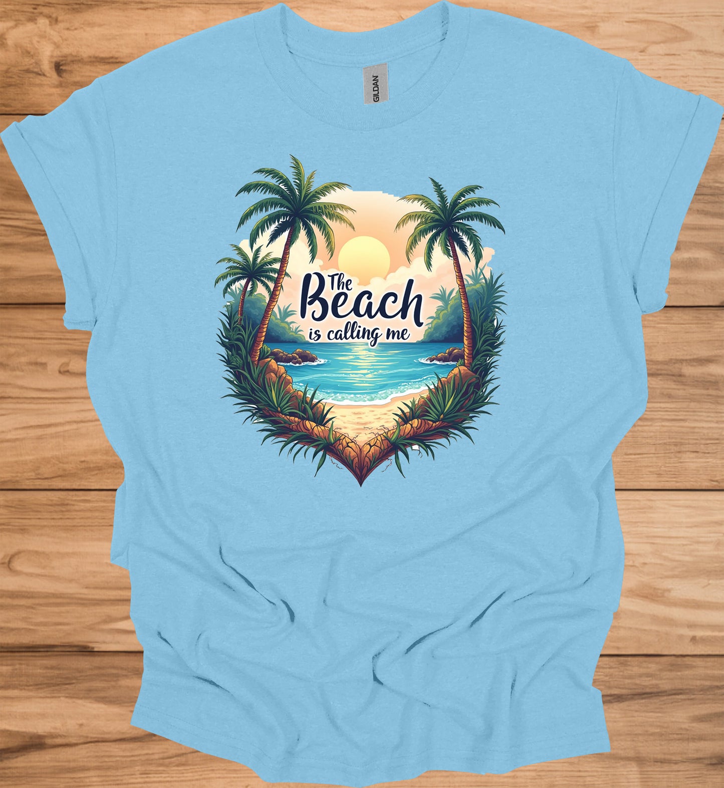 The Beach Is Calling: Beach Sunset Illustration, Heart-Shaped Palm Tree Frame, Wanderlust Inspiration Artwork - Graphic Tee Shirt