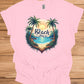 The Beach Is Calling: Beach Sunset Illustration, Heart-Shaped Palm Tree Frame, Wanderlust Inspiration Artwork - Graphic Tee Shirt