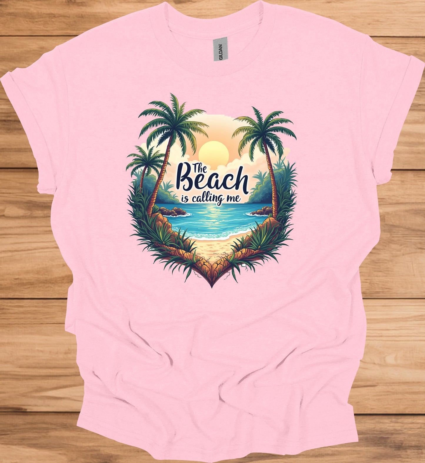 The Beach Is Calling: Beach Sunset Illustration, Heart-Shaped Palm Tree Frame, Wanderlust Inspiration Artwork - Graphic Tee Shirt