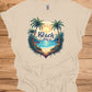 The Beach Is Calling: Beach Sunset Illustration, Heart-Shaped Palm Tree Frame, Wanderlust Inspiration Artwork - Graphic Tee Shirt