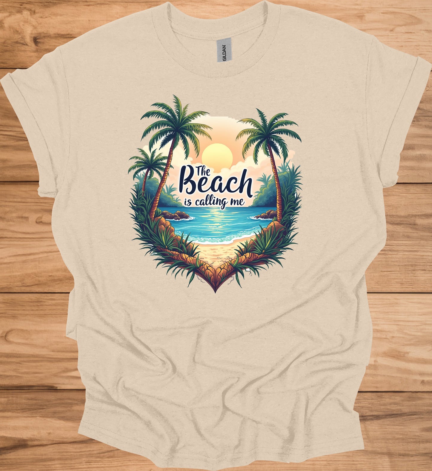 The Beach Is Calling: Beach Sunset Illustration, Heart-Shaped Palm Tree Frame, Wanderlust Inspiration Artwork - Graphic Tee Shirt