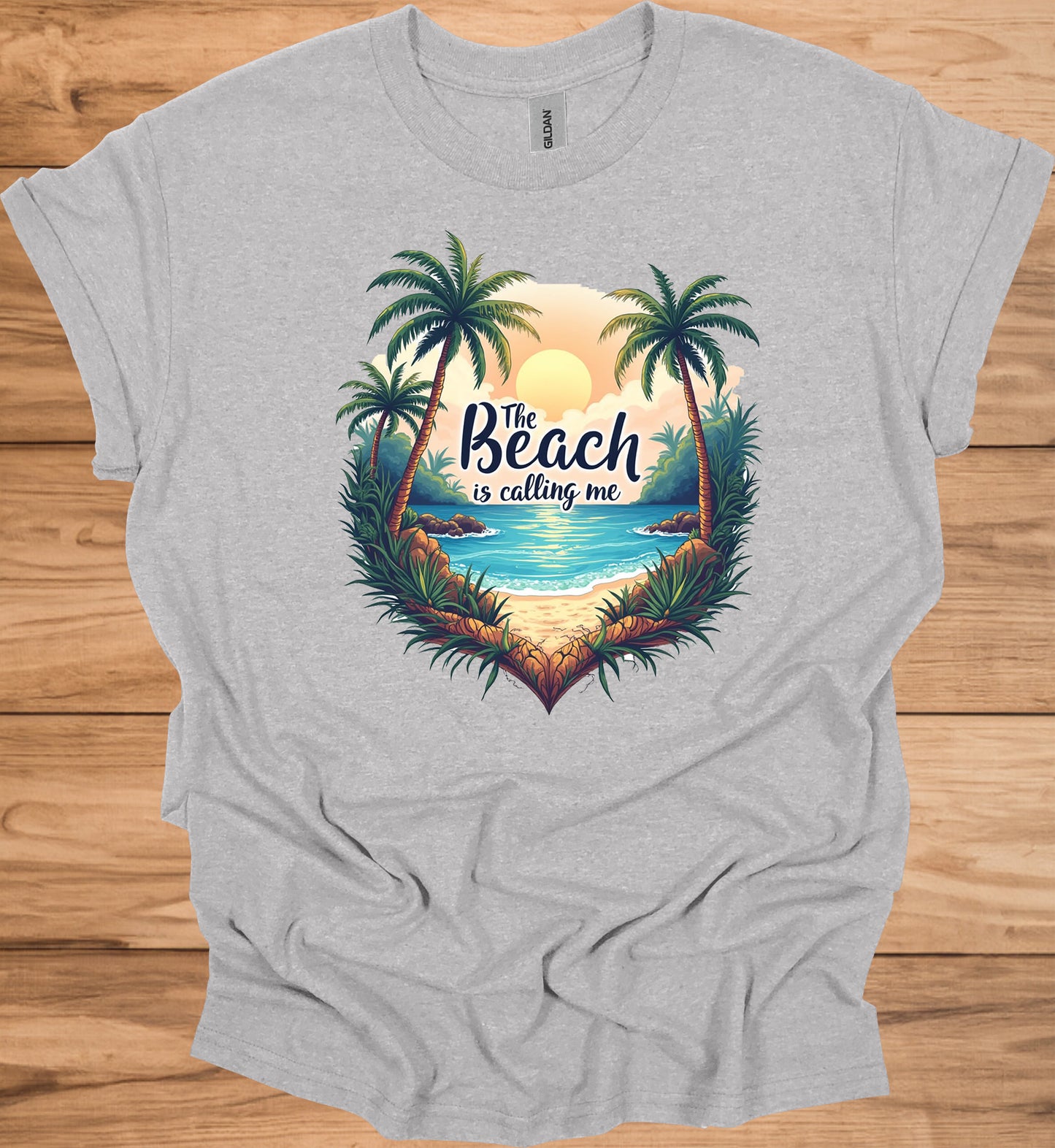 The Beach Is Calling: Beach Sunset Illustration, Heart-Shaped Palm Tree Frame, Wanderlust Inspiration Artwork - Graphic Tee Shirt