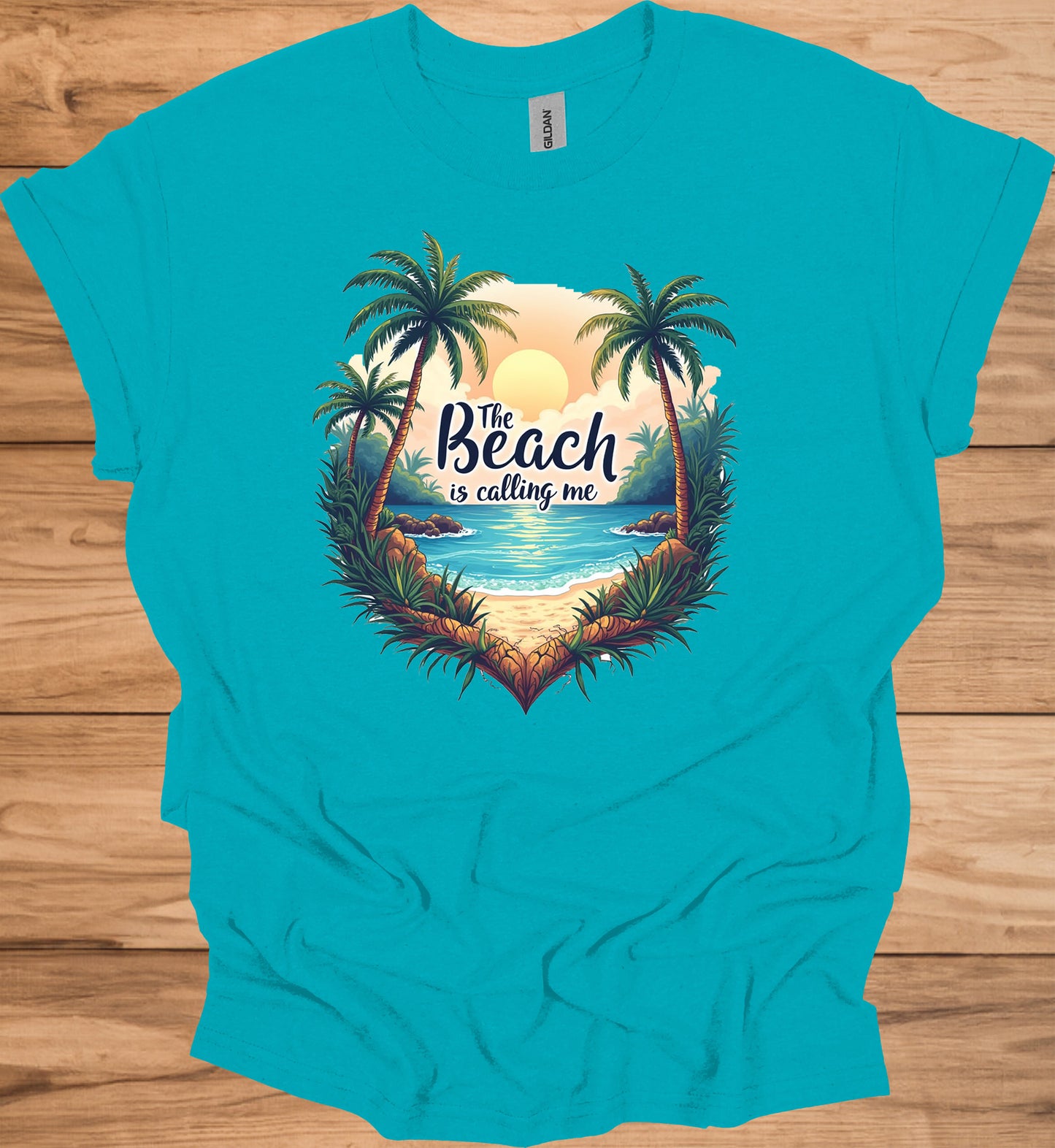 The Beach Is Calling: Beach Sunset Illustration, Heart-Shaped Palm Tree Frame, Wanderlust Inspiration Artwork - Graphic Tee Shirt