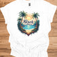 The Beach Is Calling: Beach Sunset Illustration, Heart-Shaped Palm Tree Frame, Wanderlust Inspiration Artwork - Graphic Tee Shirt