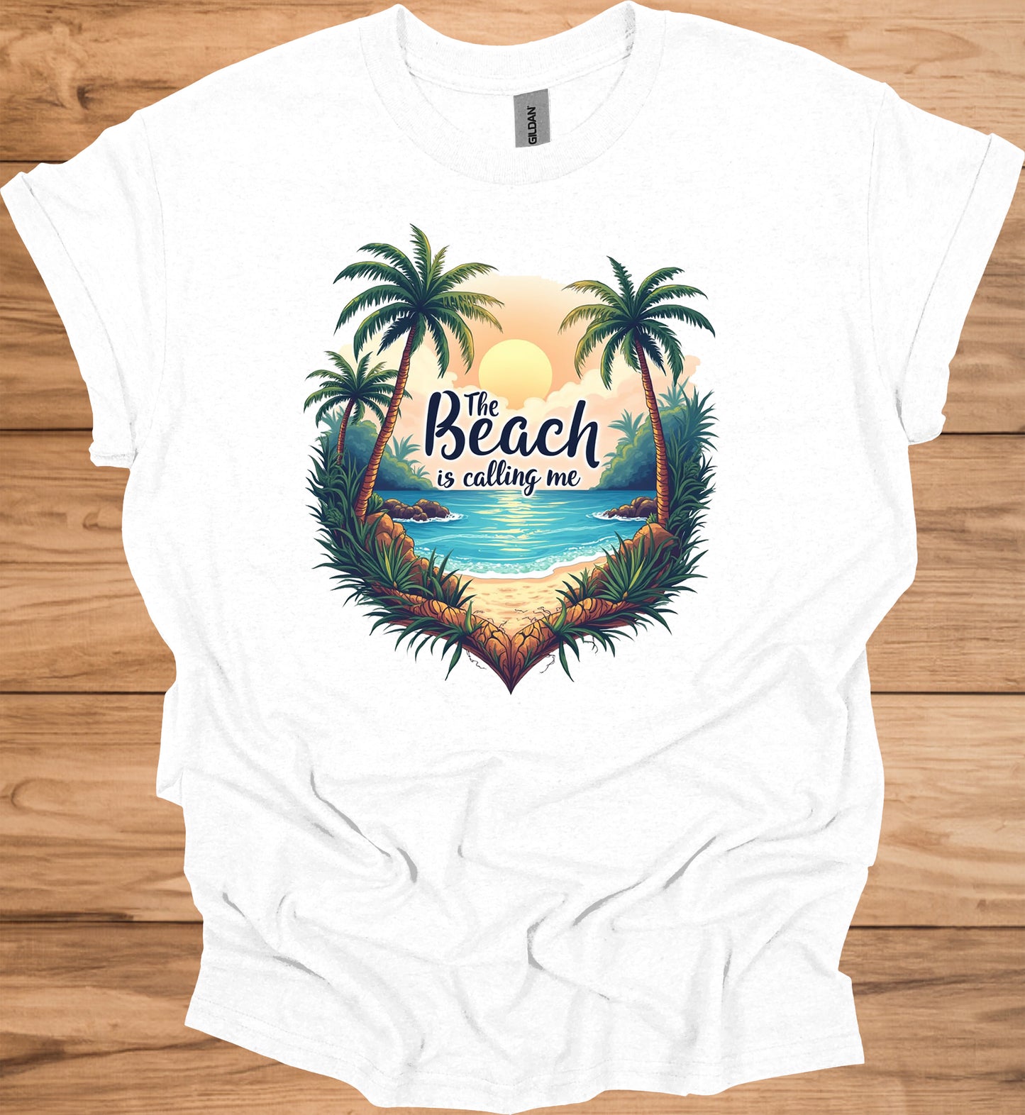 The Beach Is Calling: Beach Sunset Illustration, Heart-Shaped Palm Tree Frame, Wanderlust Inspiration Artwork - Graphic Tee Shirt