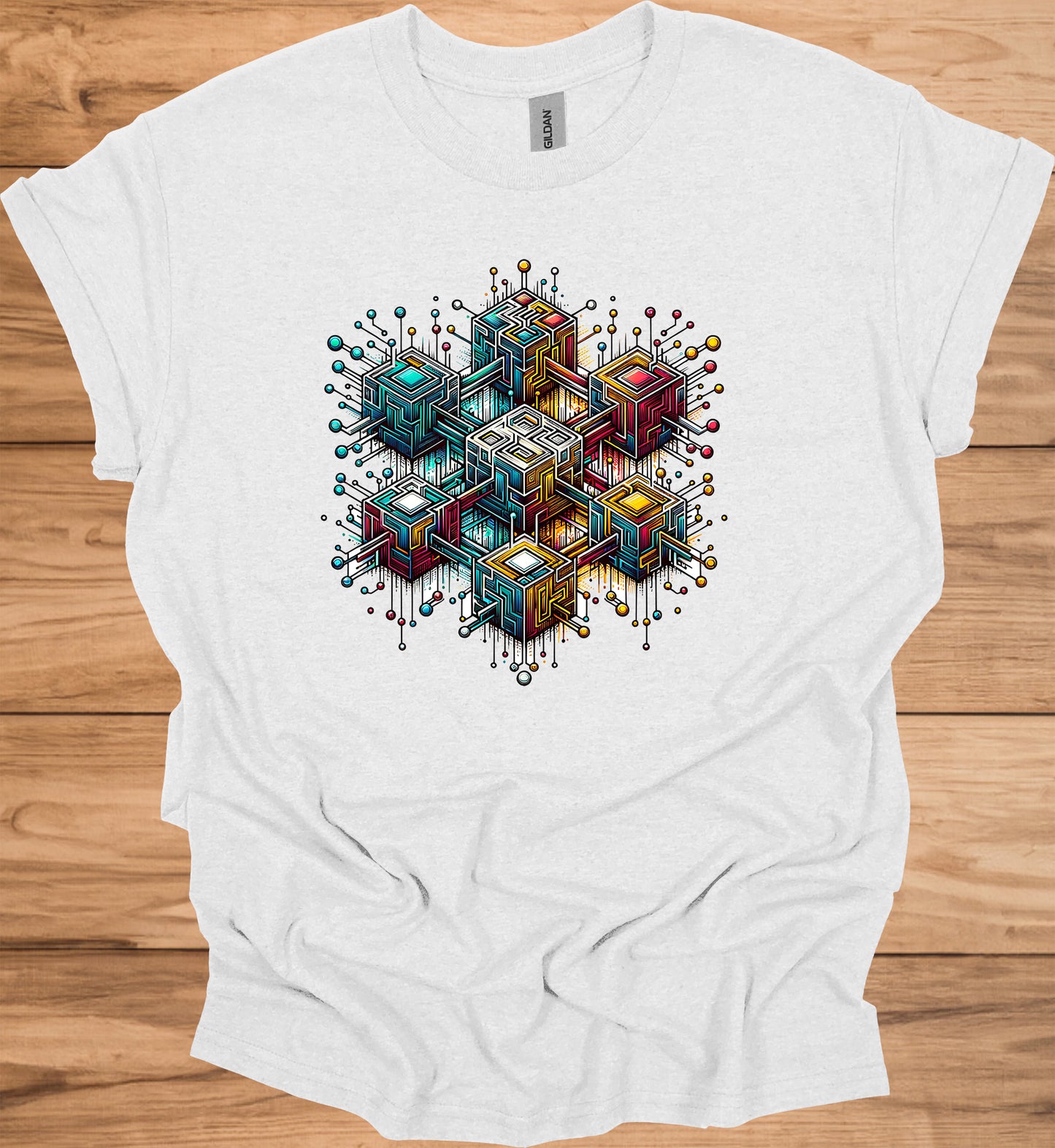 Nexus Cube: Block Chain, Digital Geometric Art, Futuristic Cityscape, Cyberpunk Technology - Graphic Tee Shirt