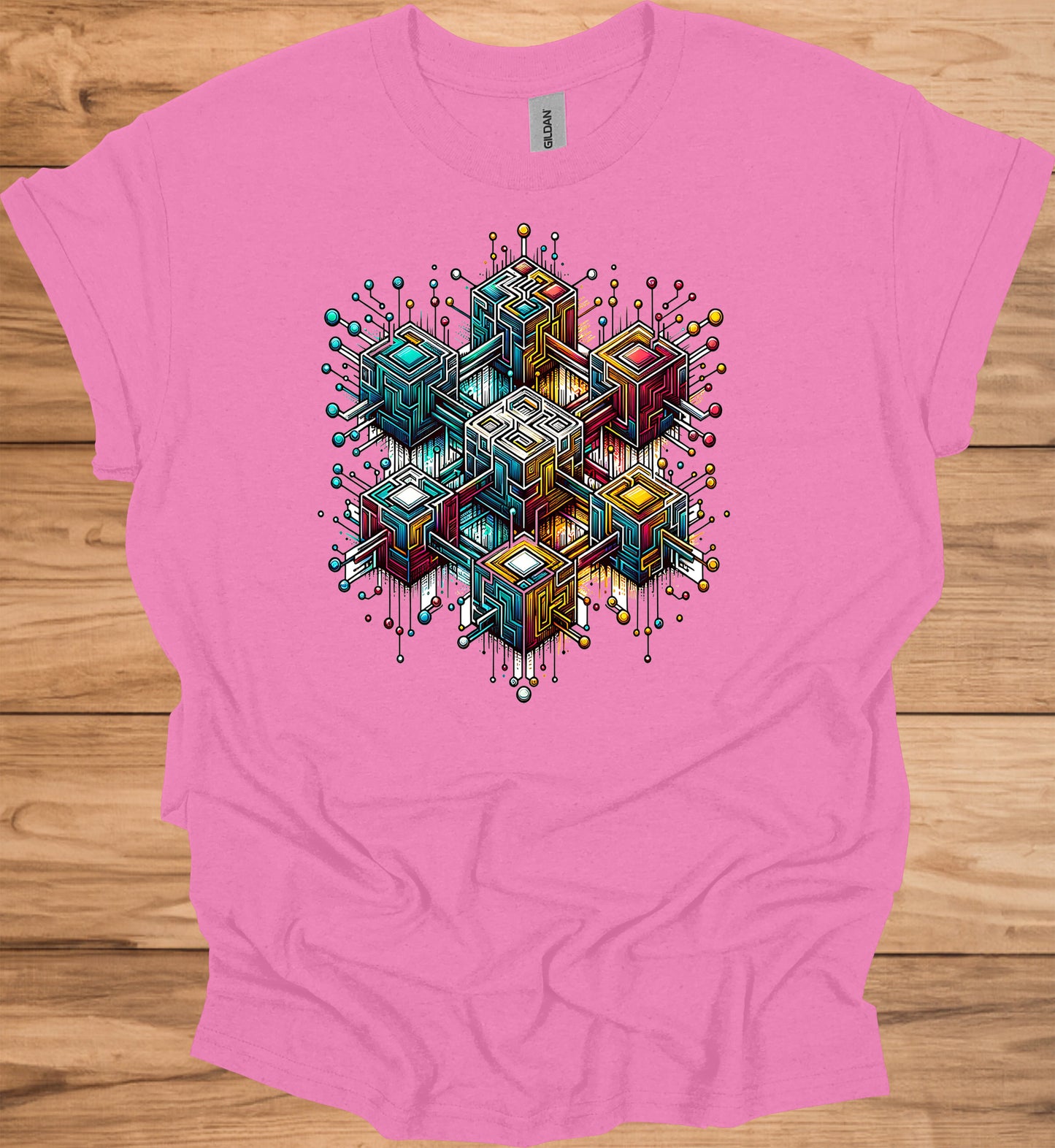 Nexus Cube: Block Chain, Digital Geometric Art, Futuristic Cityscape, Cyberpunk Technology - Graphic Tee Shirt