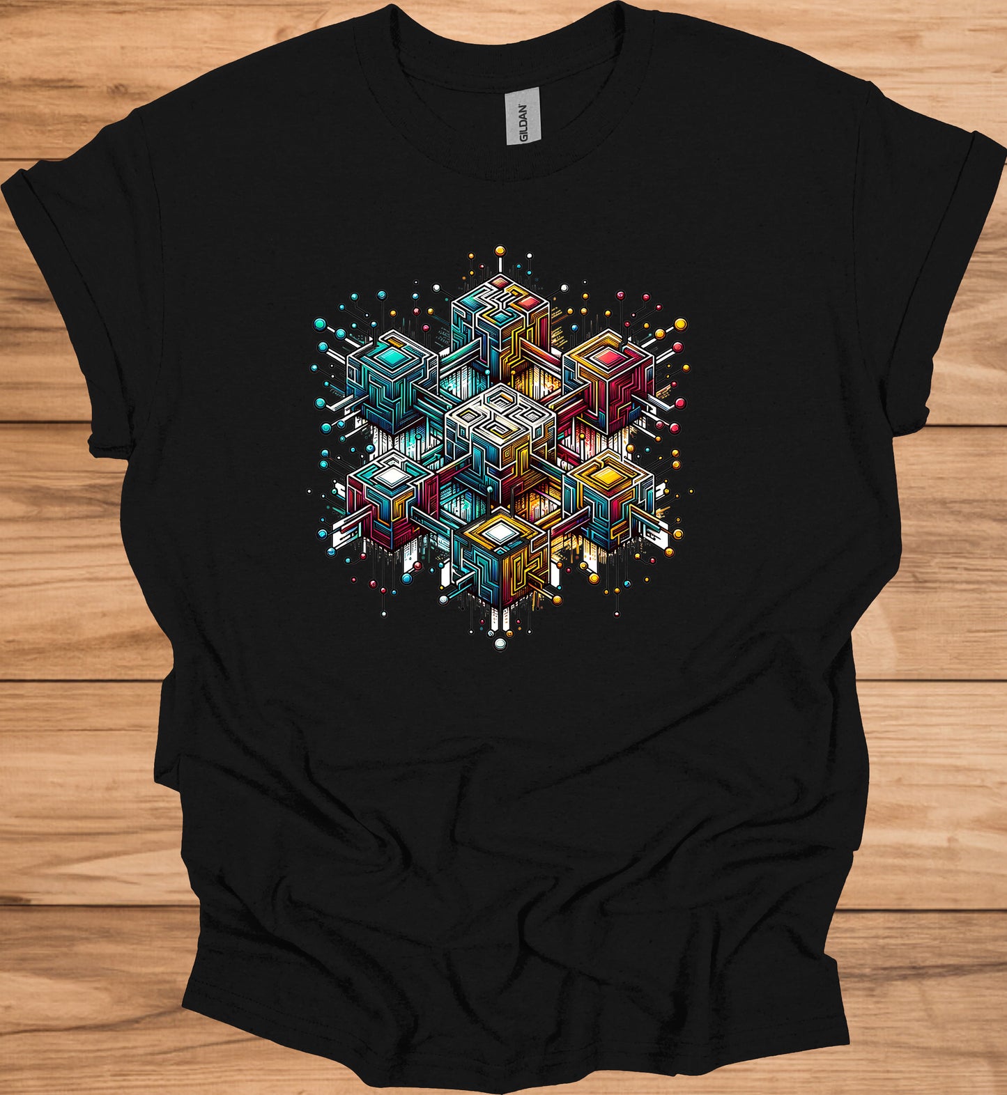 Nexus Cube: Block Chain, Digital Geometric Art, Futuristic Cityscape, Cyberpunk Technology - Graphic Tee Shirt