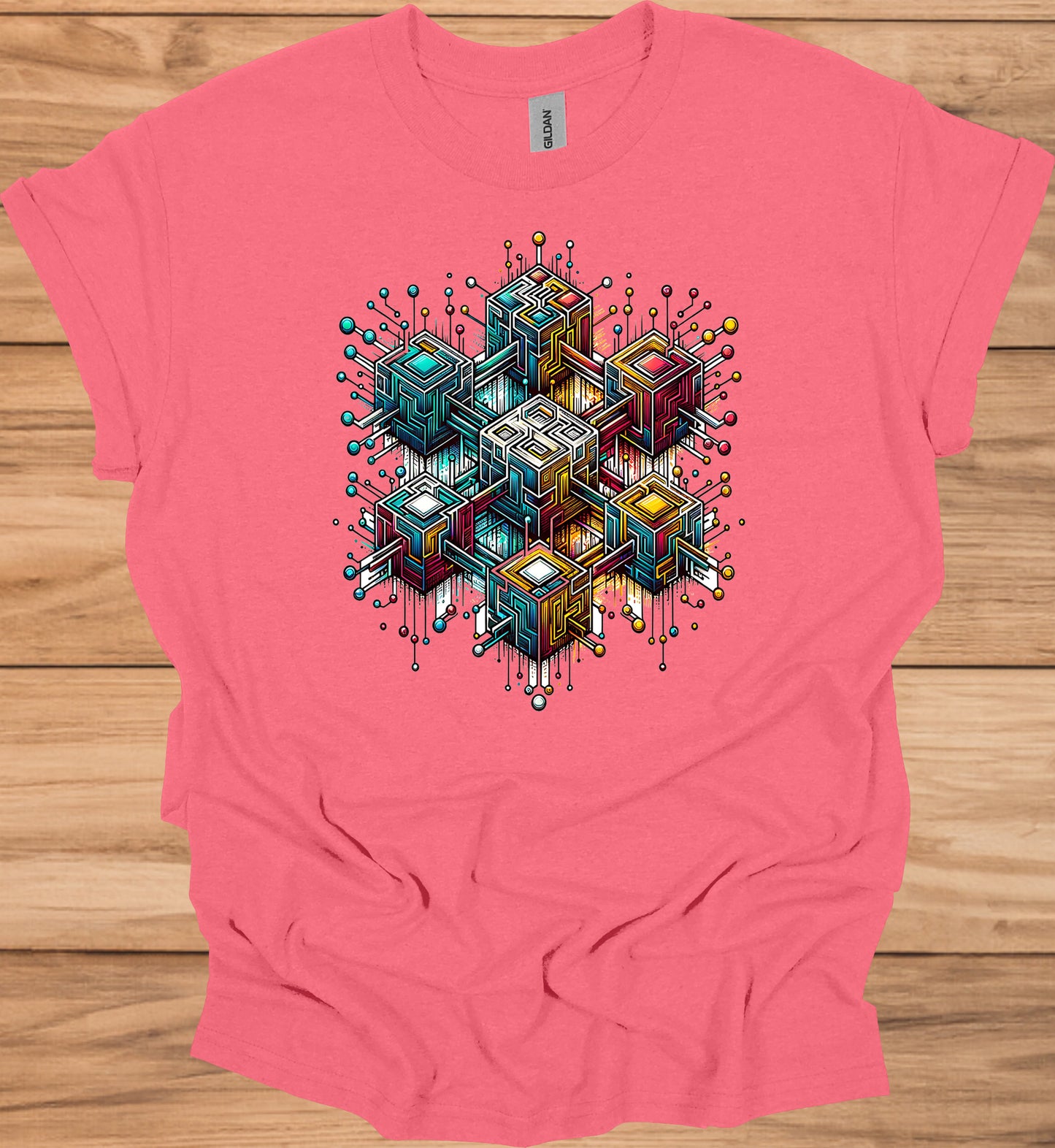 Nexus Cube: Block Chain, Digital Geometric Art, Futuristic Cityscape, Cyberpunk Technology - Graphic Tee Shirt