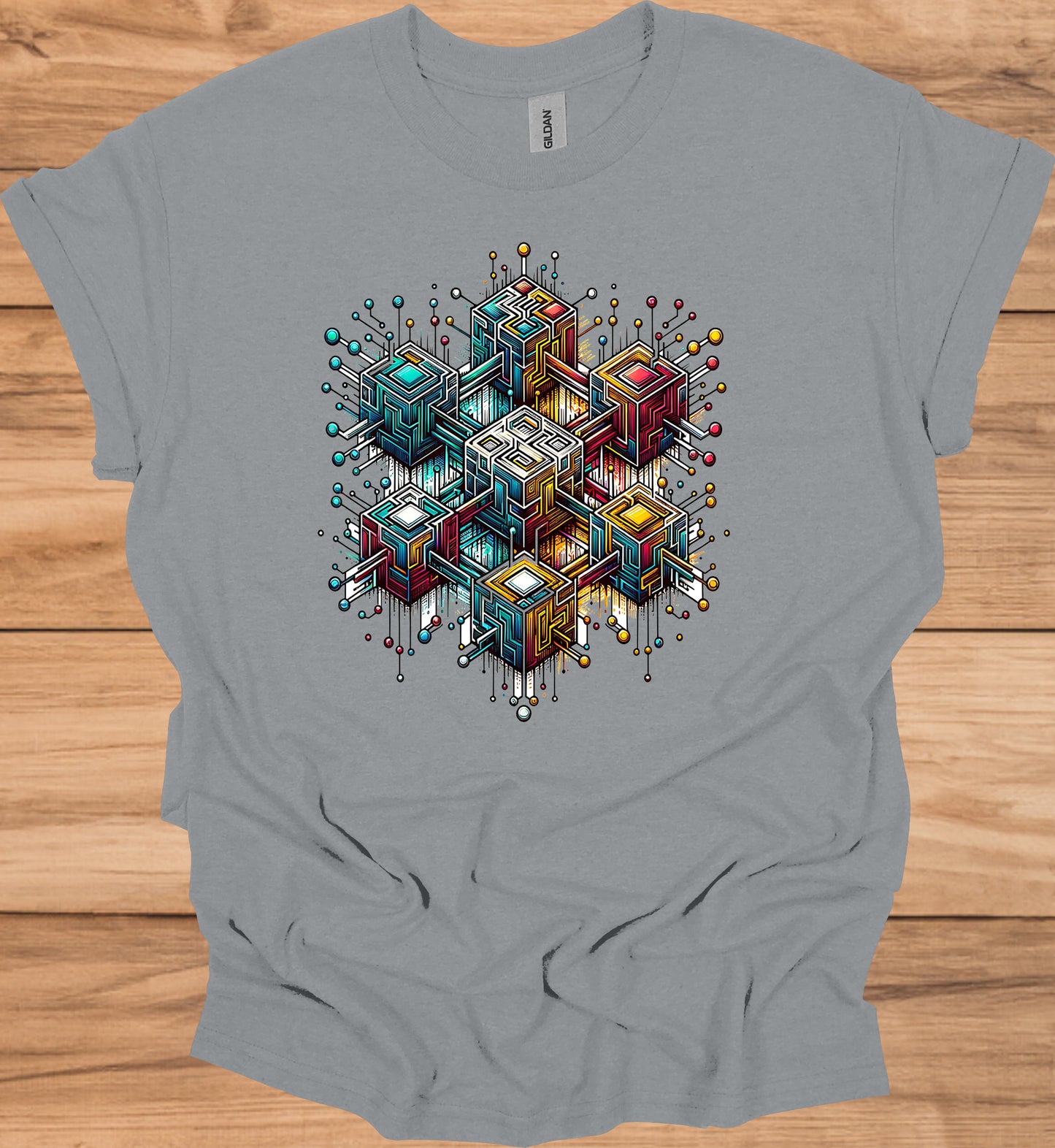 Nexus Cube: Block Chain, Digital Geometric Art, Futuristic Cityscape, Cyberpunk Technology - Graphic Tee Shirt