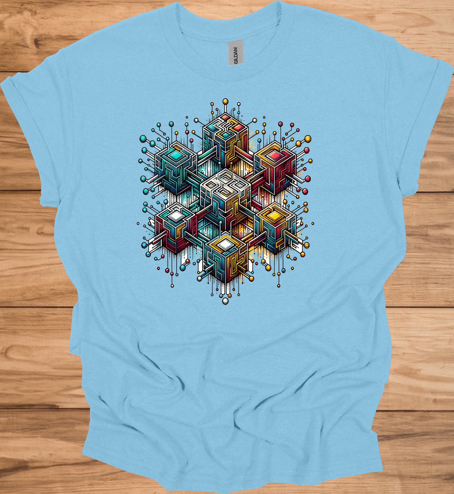 Nexus Cube: Block Chain, Digital Geometric Art, Futuristic Cityscape, Cyberpunk Technology - Graphic Tee Shirt