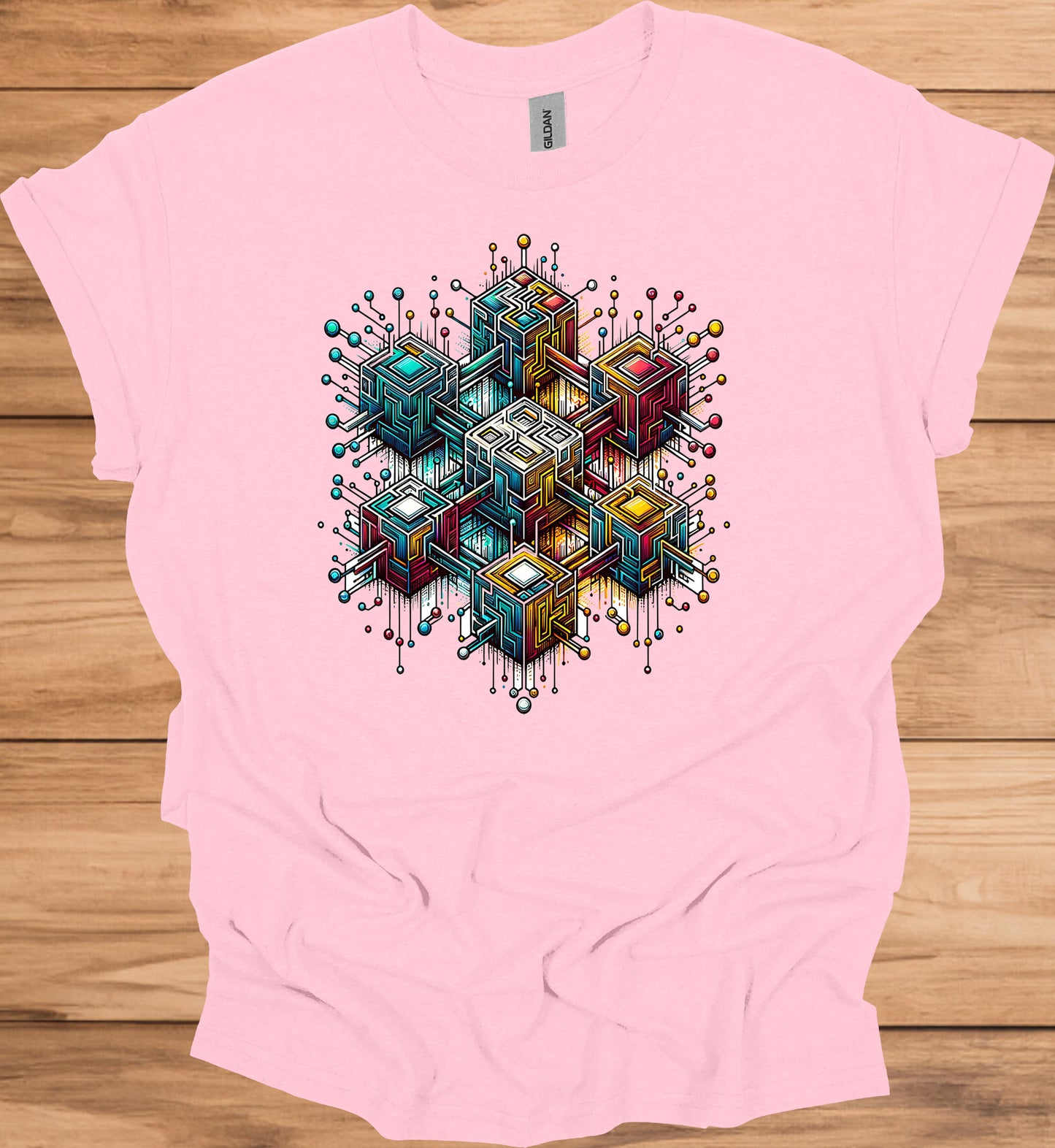 Nexus Cube: Block Chain, Digital Geometric Art, Futuristic Cityscape, Cyberpunk Technology - Graphic Tee Shirt