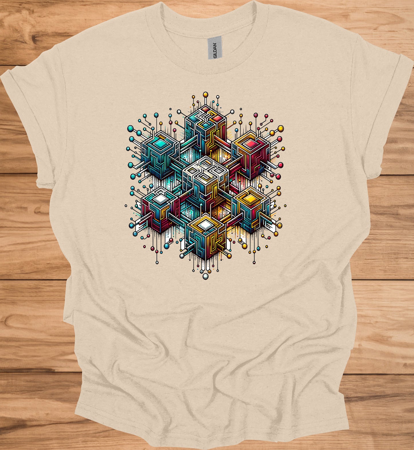 Nexus Cube: Block Chain, Digital Geometric Art, Futuristic Cityscape, Cyberpunk Technology - Graphic Tee Shirt