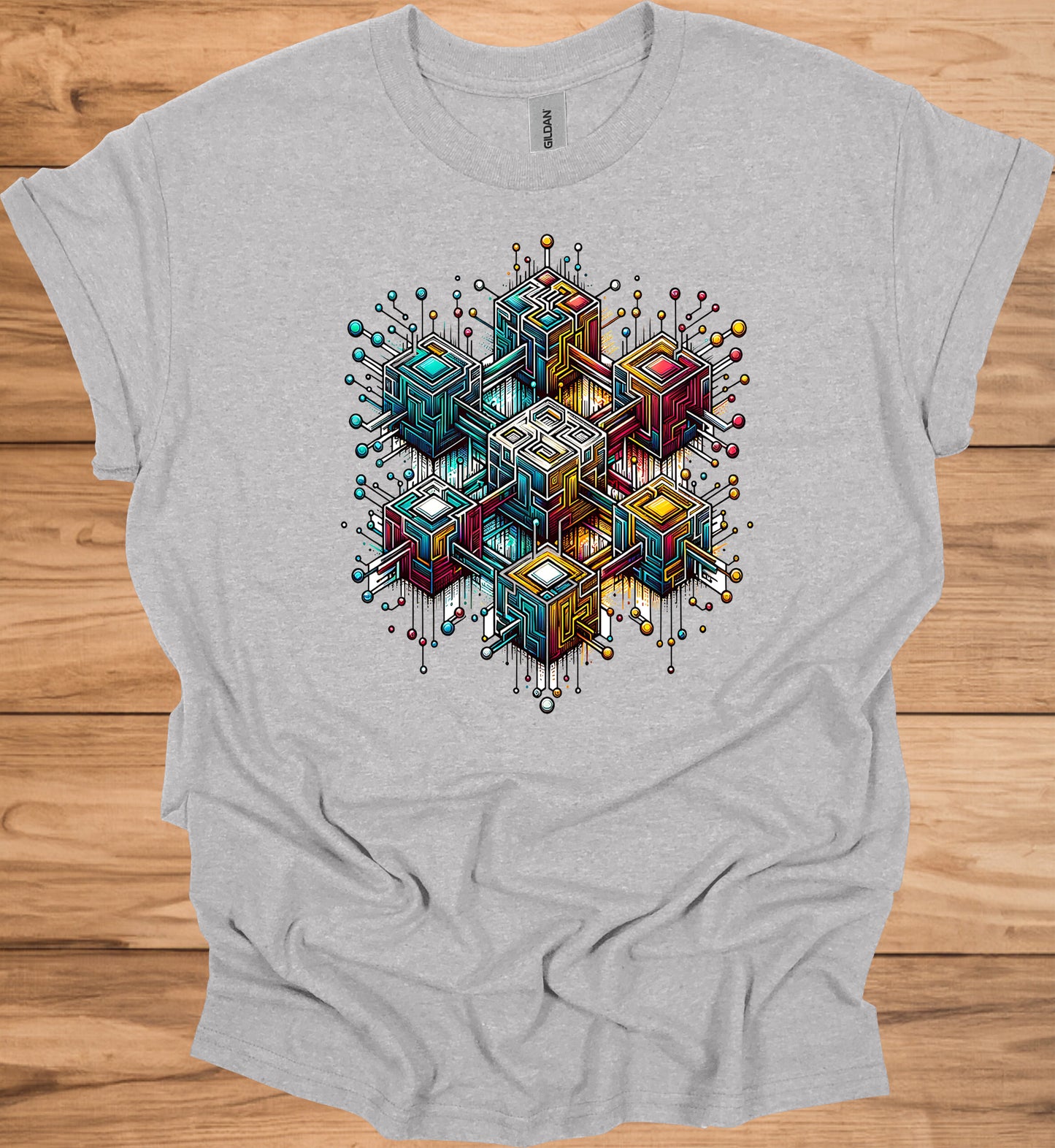 Nexus Cube: Block Chain, Digital Geometric Art, Futuristic Cityscape, Cyberpunk Technology - Graphic Tee Shirt